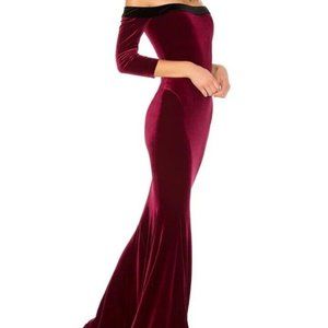 Norma Kamali Off Shoulder burgundy velvet w/ black trim maxi fishtail dress XS